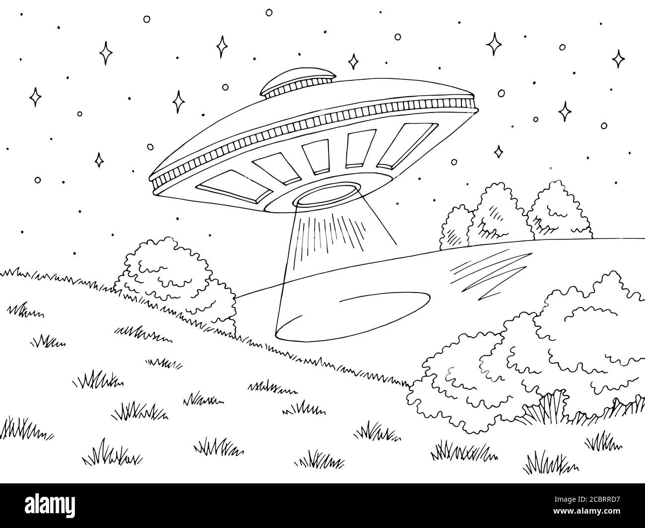 UFO fliegen über Hügel Grafik schwarz weiß Landschaft Skizze Illustration vektor Stock Vektor
