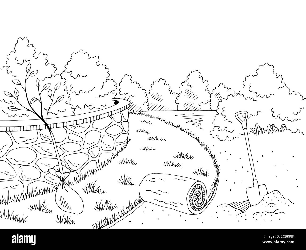 Garten Konstruktion Grafik schwarz weiß Landschaft Skizze Illustration Vektor Stock Vektor