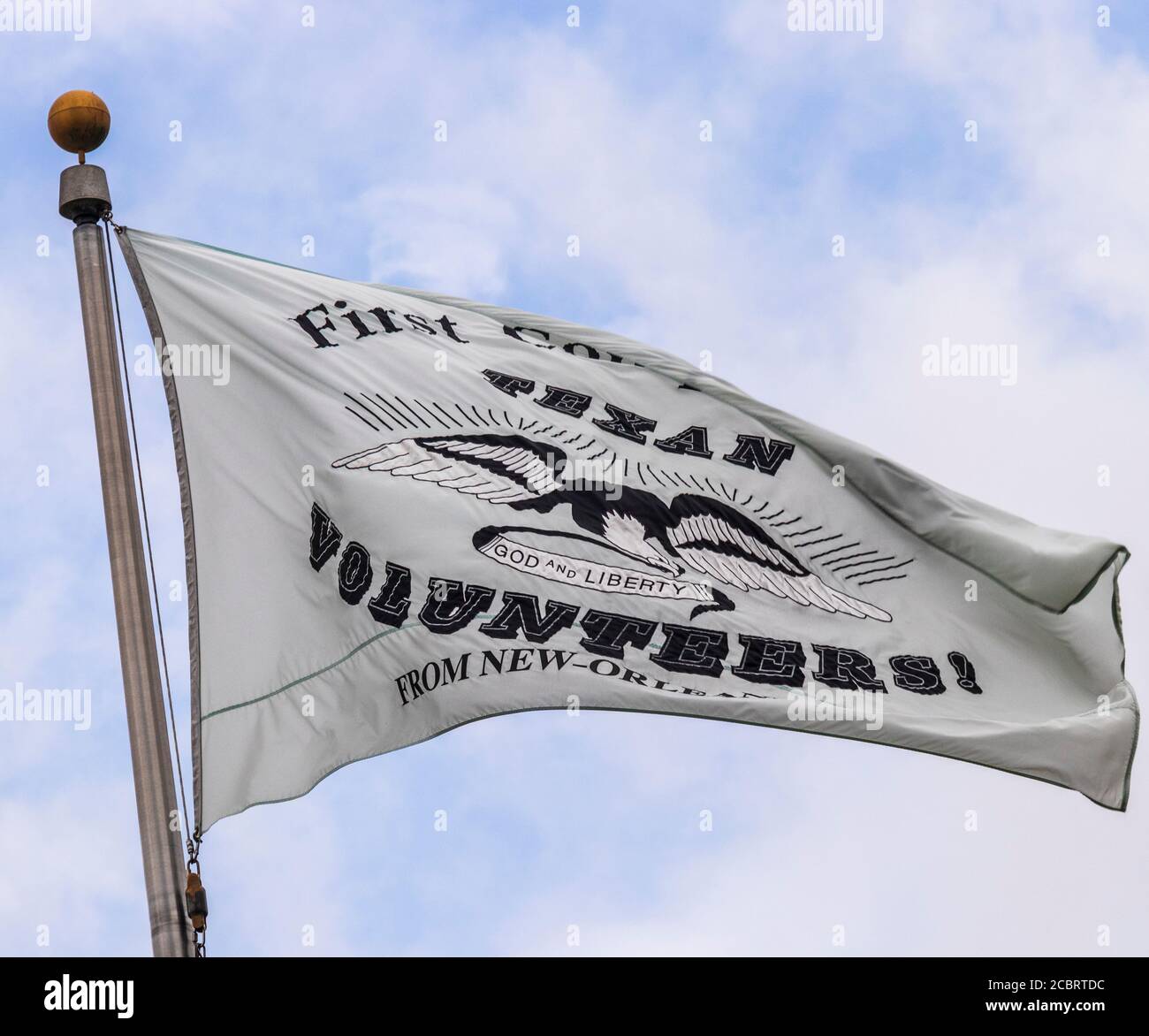 New Orleans Grays Flagge, Texas Revolution Flagge geflogen bei Alamo, Lone Star Monument und Historical Flag Park in Conroe, Montgomery County, Texas. Stockfoto