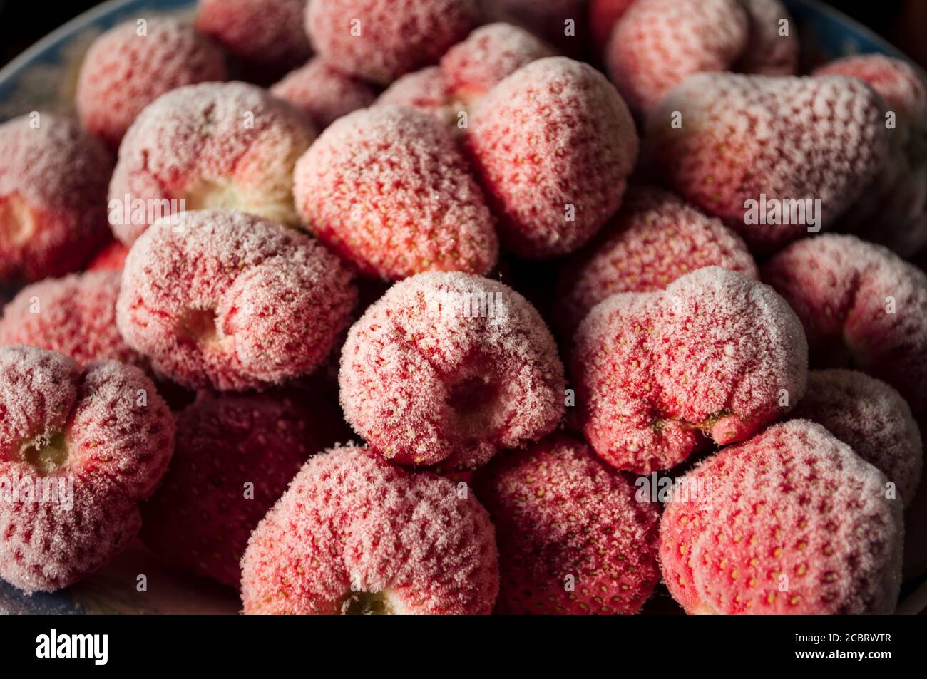 Gefrorene vollreife Erdbeeren, Frost. Erntelager. Halbzeug. Beerenhintergrund Stockfoto