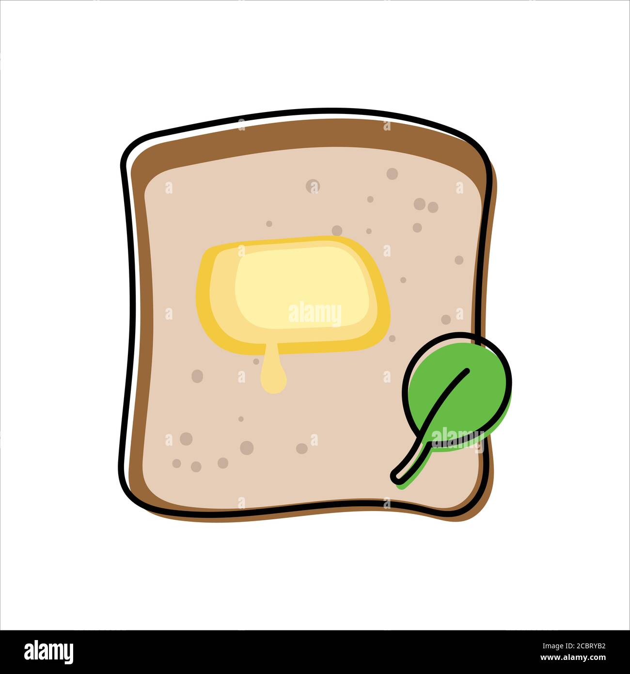 Toast mit geschmolzener Butter und grünem Spinatblatt - Draufsicht. Vereinfachte, farbige Vektordarstellung mit Umriss, isoliert Stock Vektor