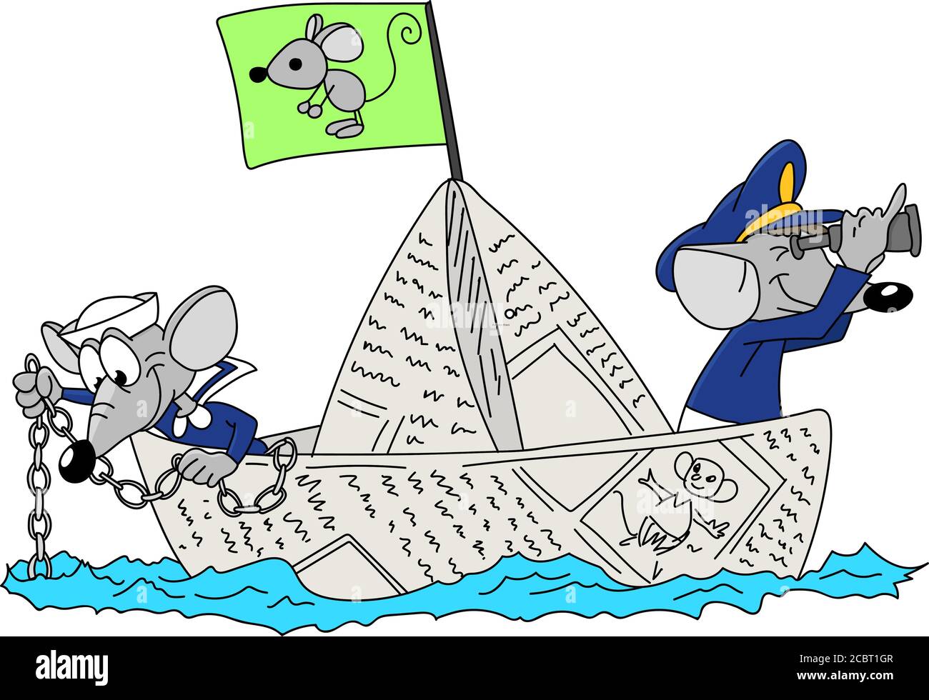 Zwei Cartoon-Mäuse segeln zusammen auf einem Papierboot Vektor Illustration für Kinder Stock Vektor