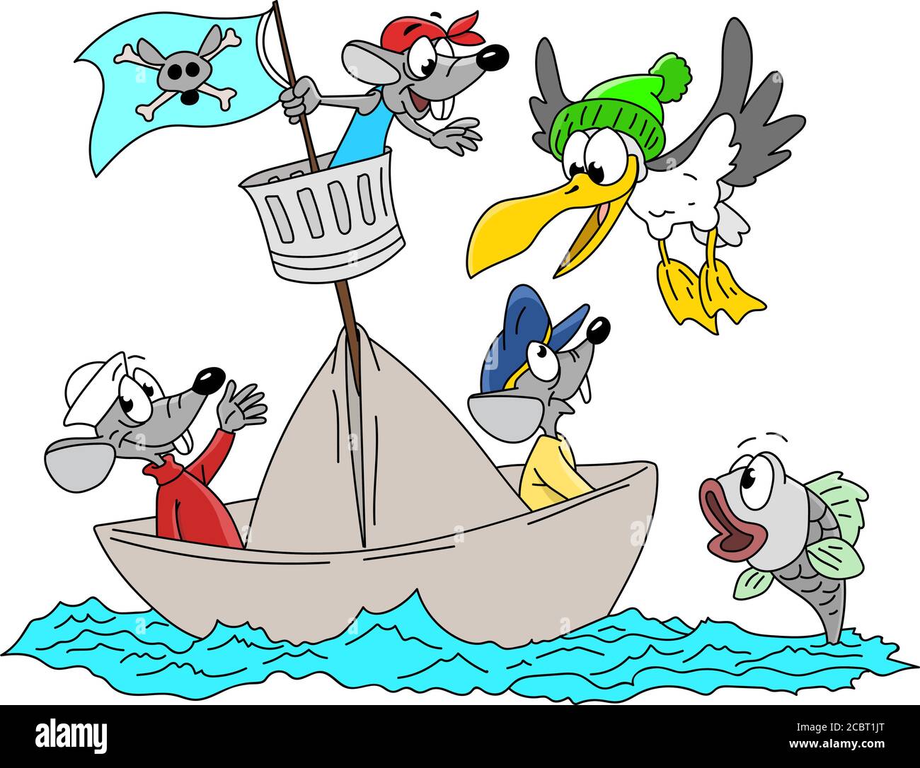 Cartoon Mäuse, Möwe und Fische Segeln zusammen Vektor-Illustration Stock Vektor