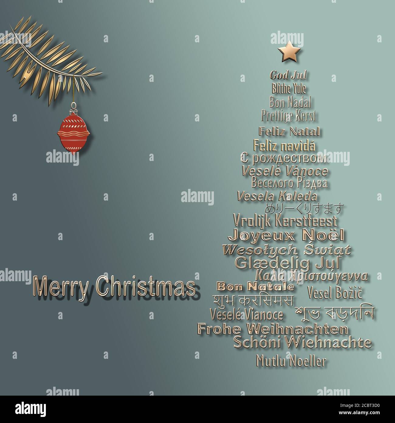 Grußkarte mit mehrsprachigen Wörtern Frohe Weihnachten in Form von Kiefer und hängenden roten Ball auf pastellgrünem Hintergrund. 3D-Illustration Stockfoto