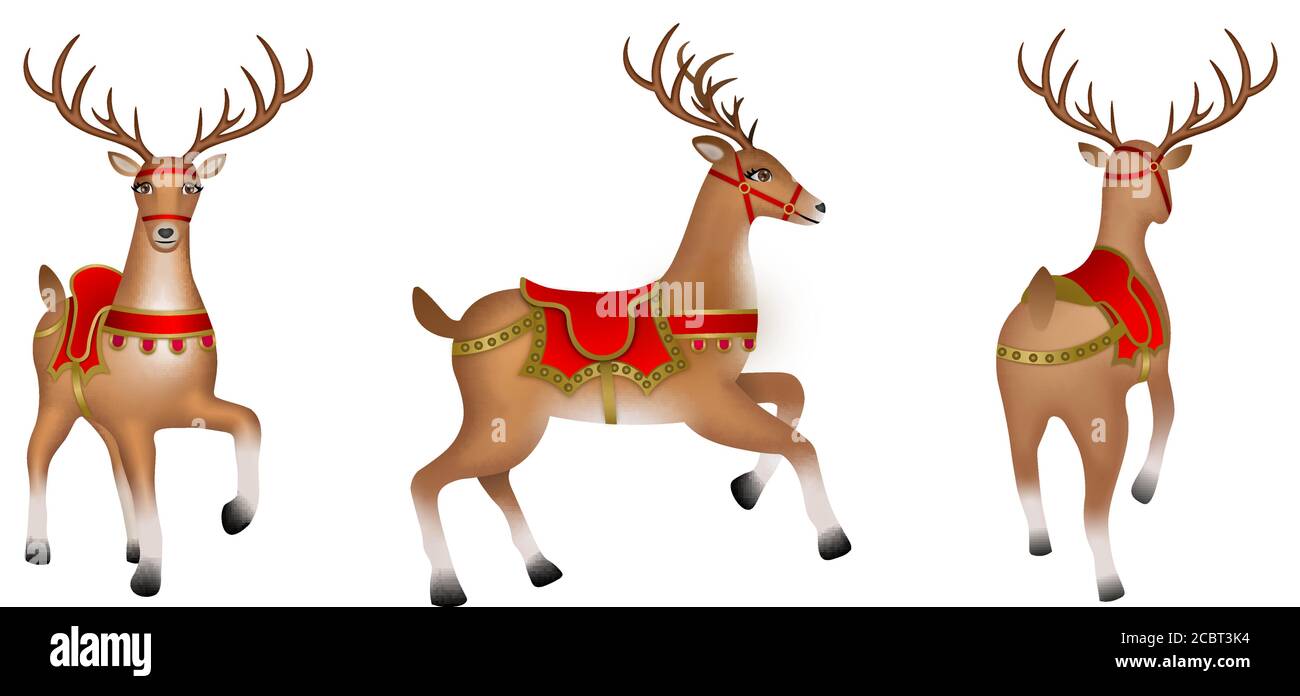 Isolierte Darstellung von Hirschen. Weihnachtsrentier Vektor. Seitenansicht, Vorder- und Rückansicht Stock Vektor