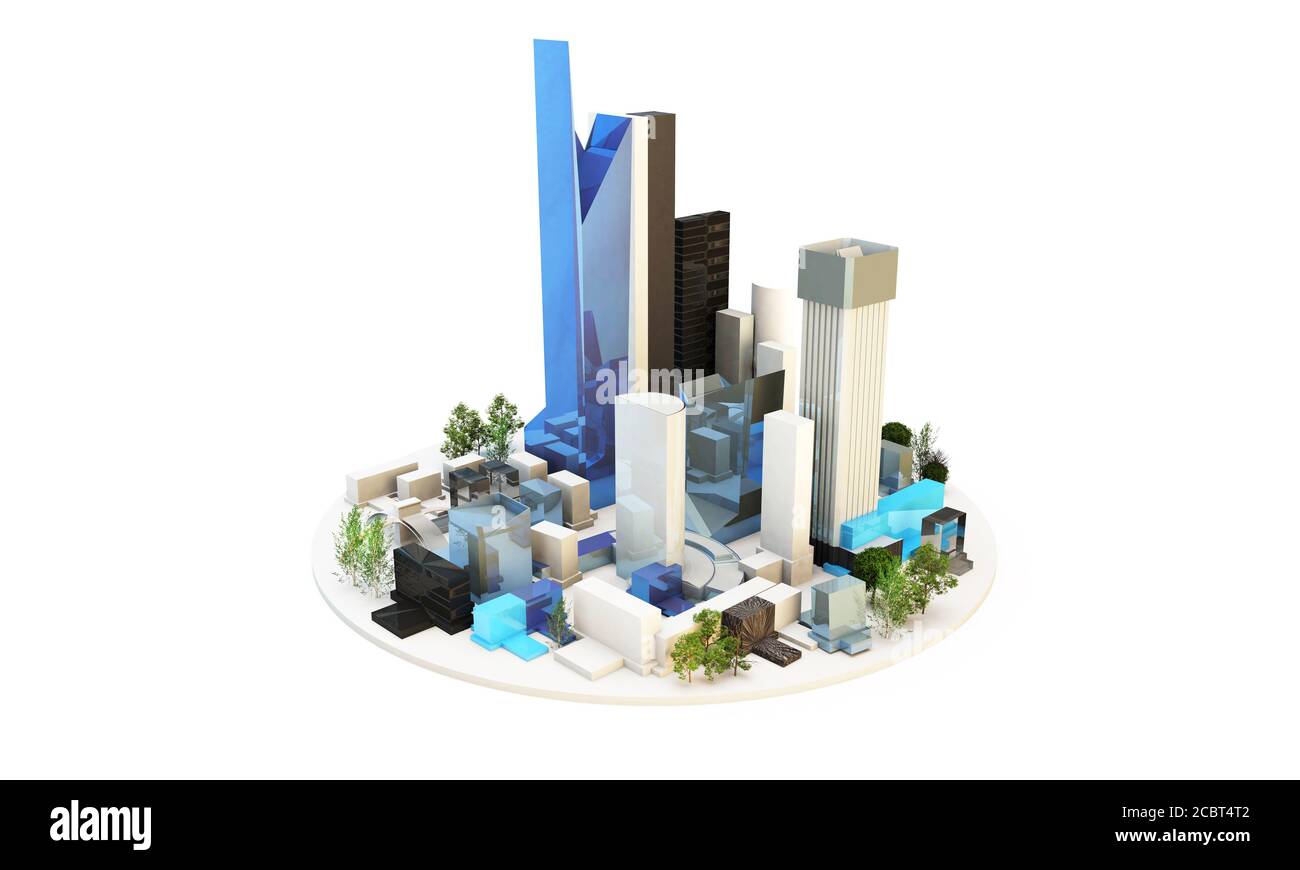 3d Render Konzept einer modernen Architektur generische Stadt in Jedes Land auf weißem Hintergrund Stockfoto