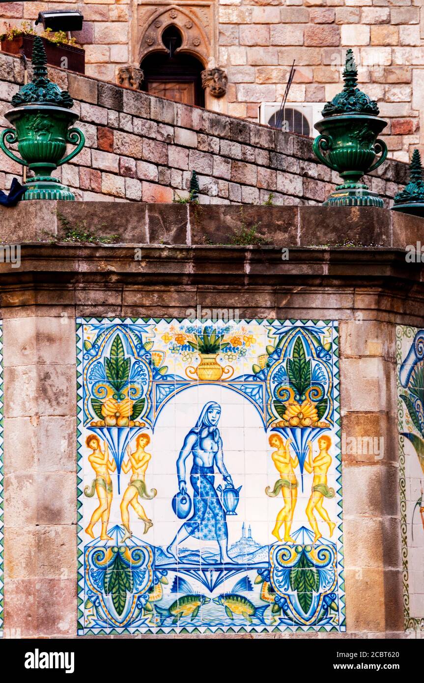 Tile Azulejo im Font de Santa Anna in Barcelona, Spanien. Stockfoto