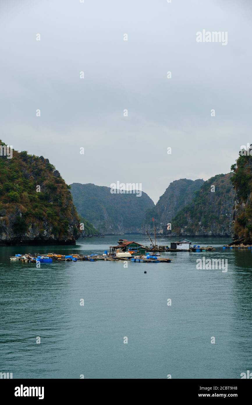 Ha Long Bay Vietnam, Fischerdorf. Wolkiger Himmel, atemberaubende Natur, Häuser auf dem Wasser.die Menschen leben auf Booten und Wasserplattformen, die meisten von fis Stockfoto