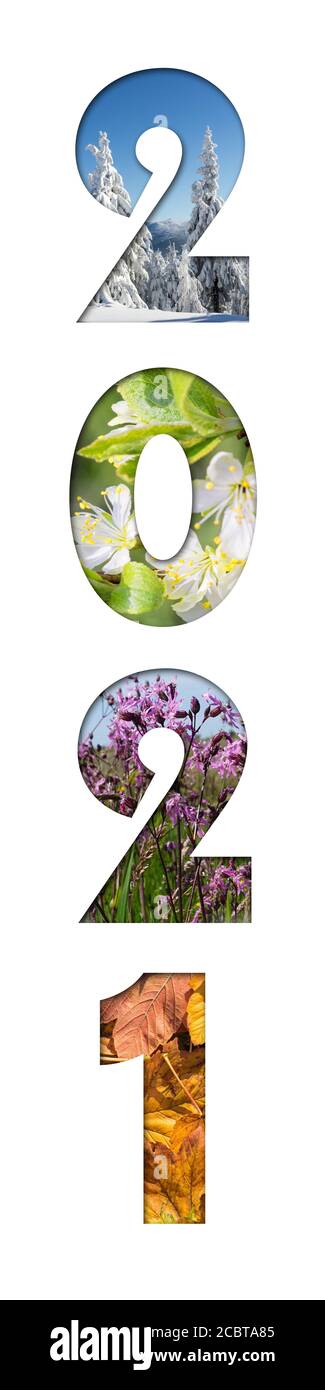 Nummer 2021 aus vier Jahreszeiten Fotos für Kalender, Flyer, Poster, Postkarte, Banner. Vertikales Bild. Stockfoto