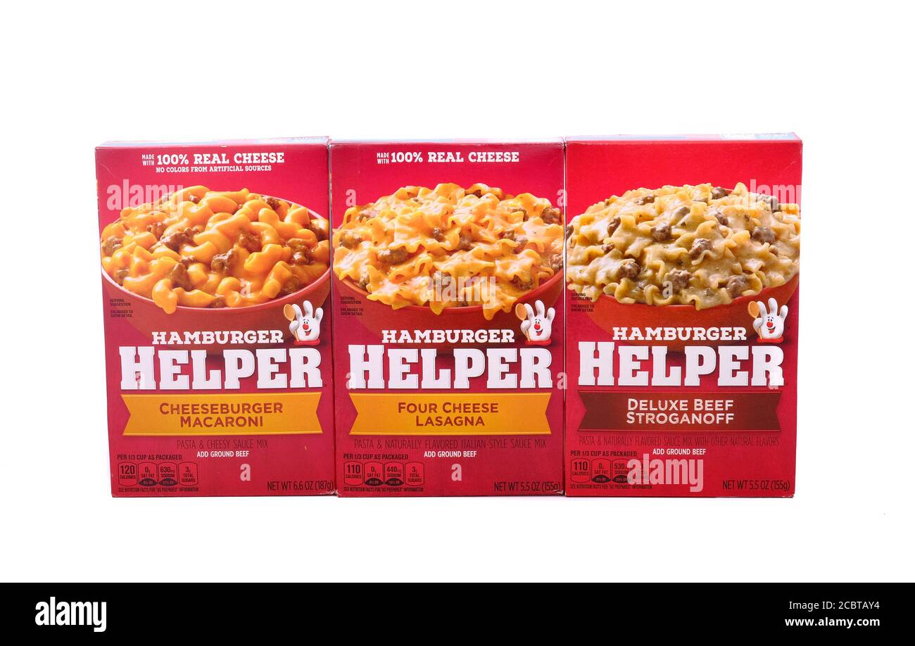 Drei Schachteln Hamburger Helper Stockfoto