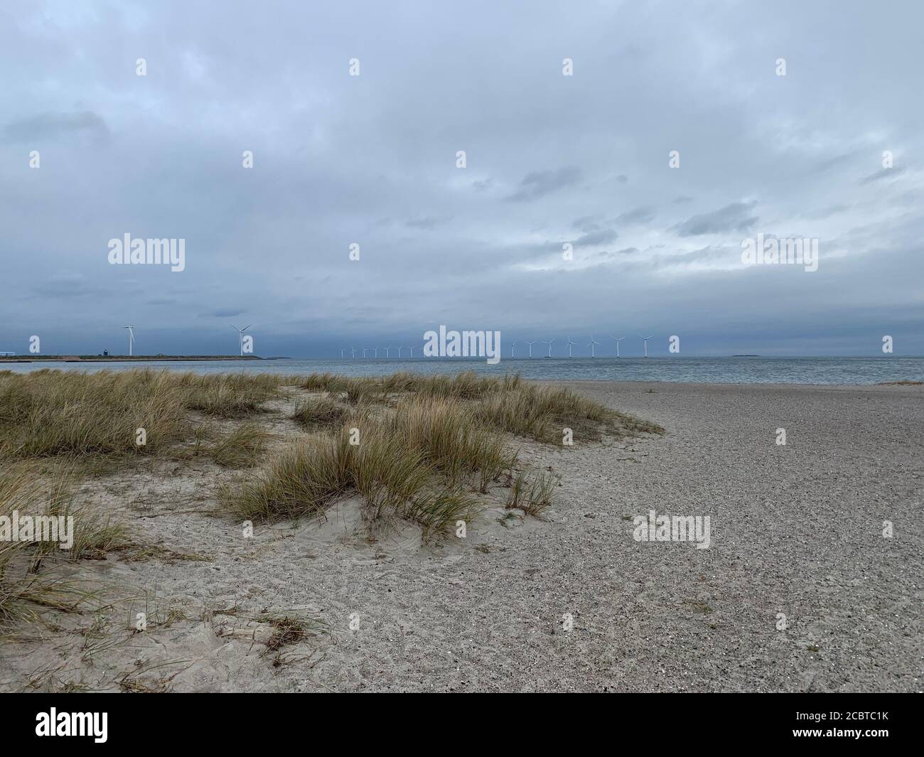Amager Strandpark Sanddünen und Windmühlen im Hintergrund, Kopenhagen. Stockfoto