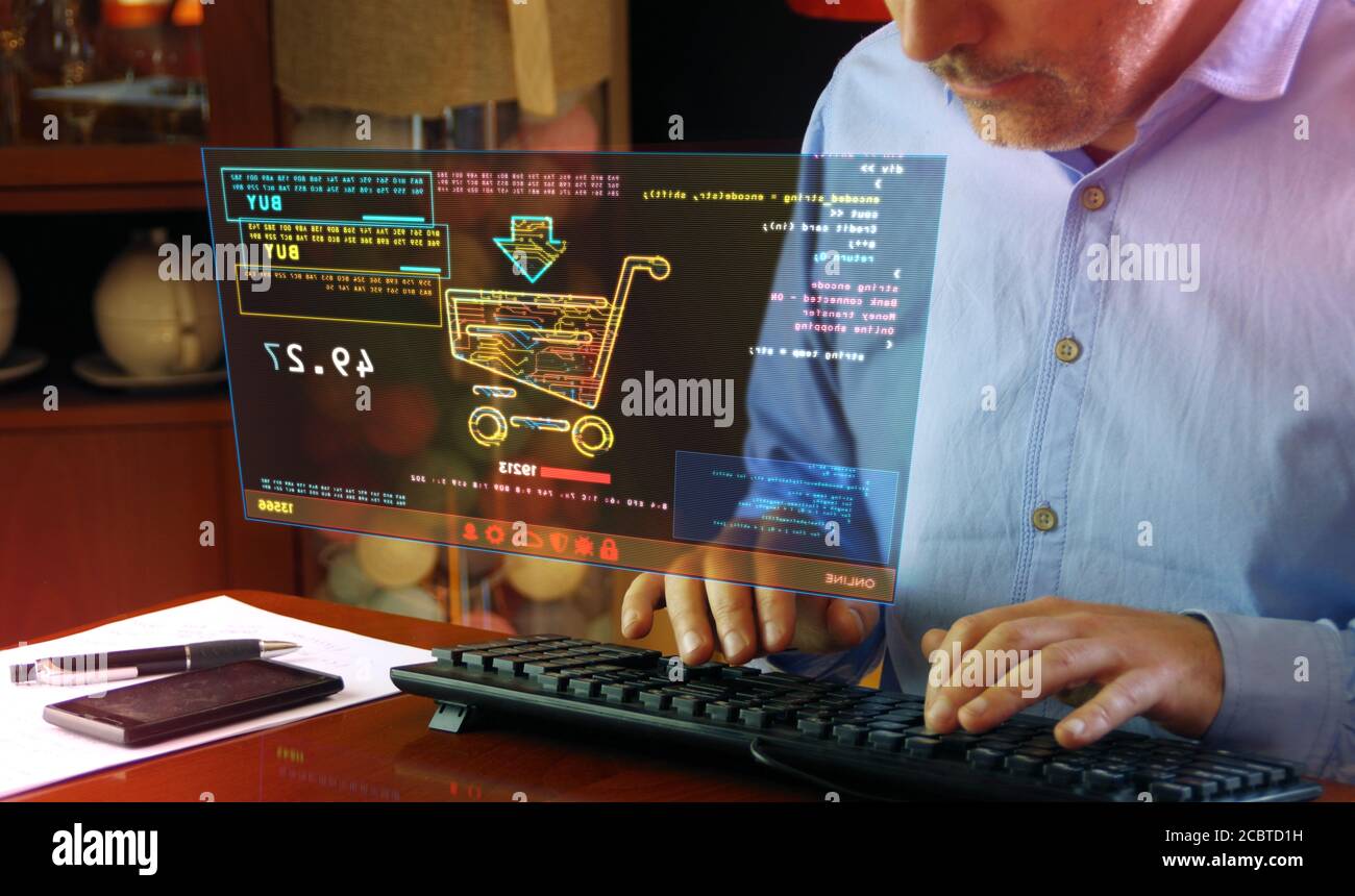 Online-Shopping mit Warenkorb-Symbol auf dem Computerbildschirm. Cyber Business, Digital Buying, Banking und E-Commerce Konzept 3d mit Glitch-Effekt. Stockfoto