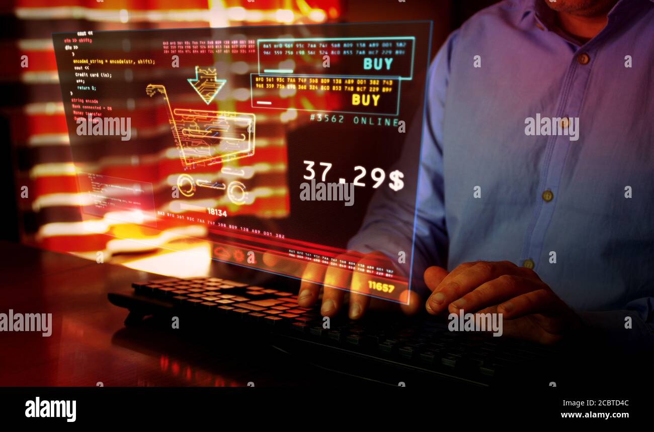 Online-Shopping mit Warenkorb-Symbol auf dem Computerbildschirm. Cyber Business, Digital Buying, Banking und E-Commerce Konzept 3d mit Glitch-Effekt. Stockfoto
