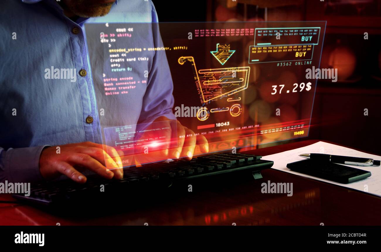 Online-Shopping mit Warenkorb-Symbol auf dem Computerbildschirm. Cyber Business, Digital Buying, Banking und E-Commerce Konzept 3d mit Glitch-Effekt. Stockfoto