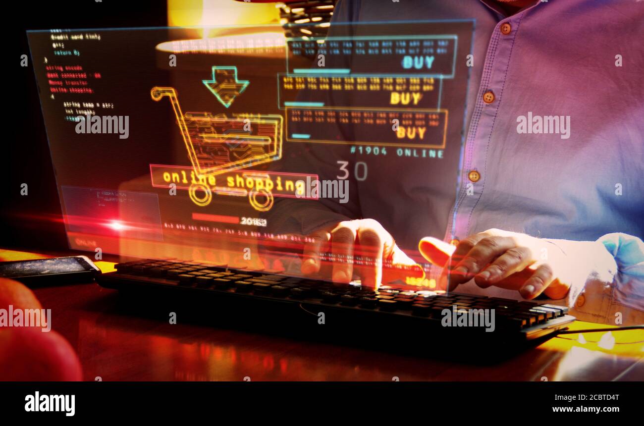 Online-Shopping mit Warenkorb-Symbol auf dem Computerbildschirm. Cyber Business, Digital Buying, Banking und E-Commerce Konzept 3d mit Glitch-Effekt. Stockfoto