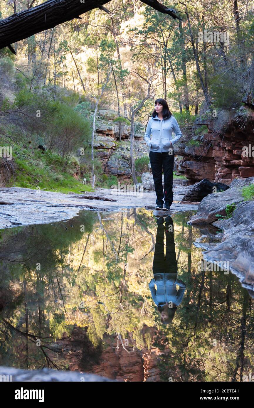 Weibliches Modell, das neben einem Wasserloch in einer Alligator Gorge des Mt Remarkable National Park in der South Flinders Range von South Australia steht. Stockfoto