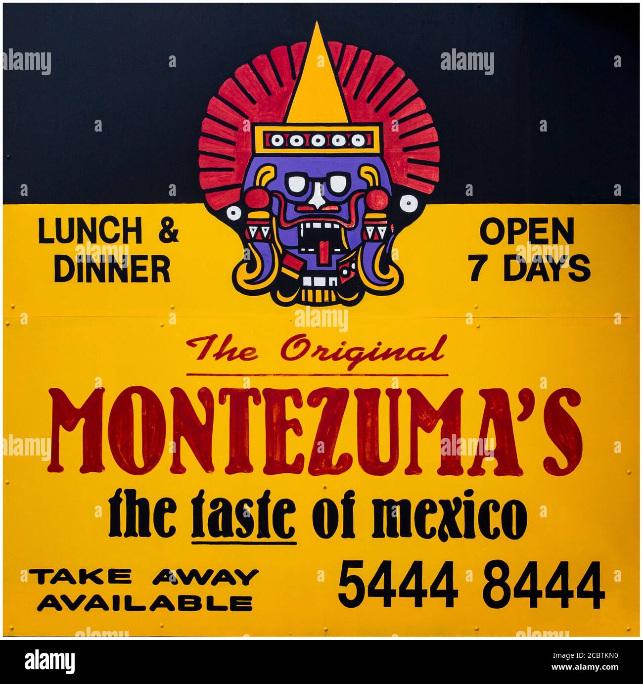 Werbung für die Kette der mexikanischen Restaurants von Original Montezuma in Mooloolaba, Queensland Australien Stockfoto