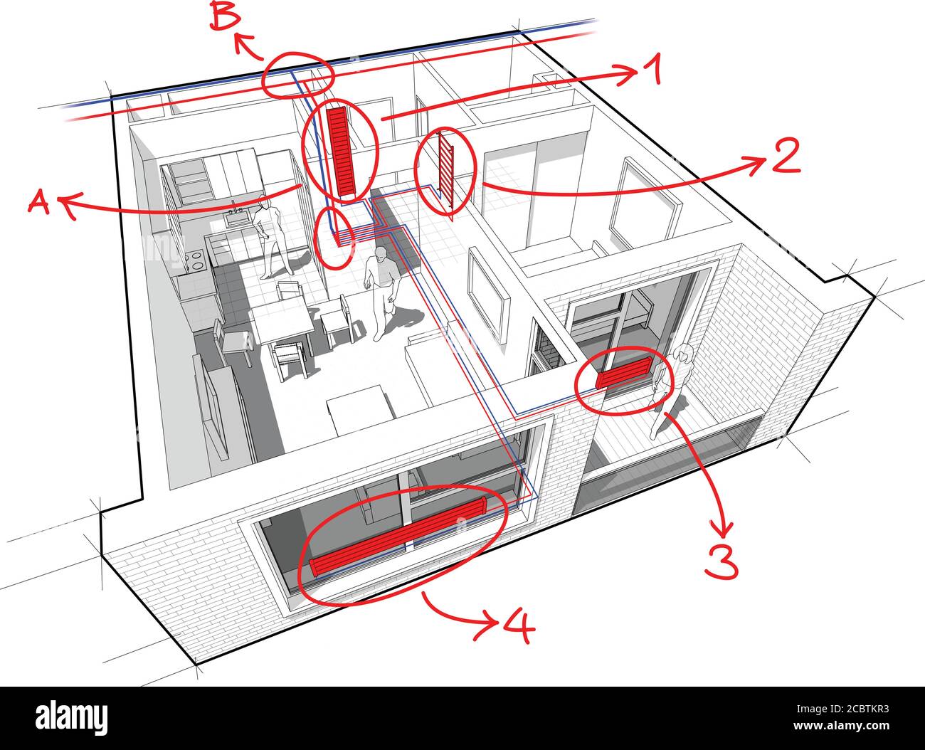 Diagramm einer Wohnung mit einem Schlafzimmer mit Heißwasserkühler Heizungs- und Zentralheizung Rohre als Quelle der Heizenergie Mit handgezeichneten Notizen Stock Vektor
