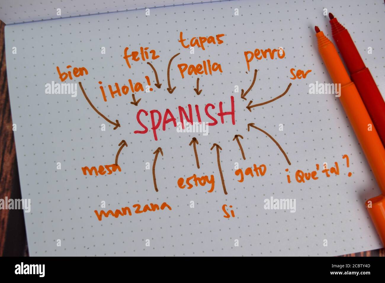 Spanisch lernen Sprache Schreiben Sie auf ein Buch mit Schlüsselwörtern isoliert auf dem Schreibtisch. Stockfoto