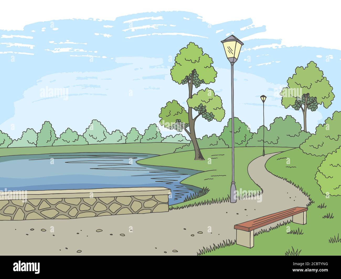 Park Fluss Grafik Farbe Landschaft Skizze Illustration Vektor Stock Vektor