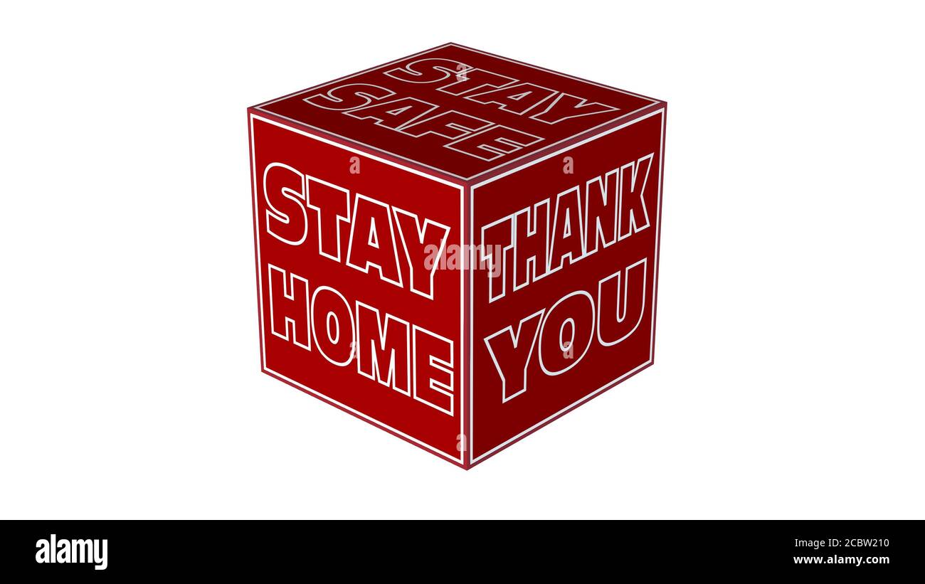 BLEIBEN SIE ZU HAUSE - VIELEN DANK - Schriftzug auf Red Cube - isoliert auf weißem Hintergrund -3D-Illustration Stockfoto