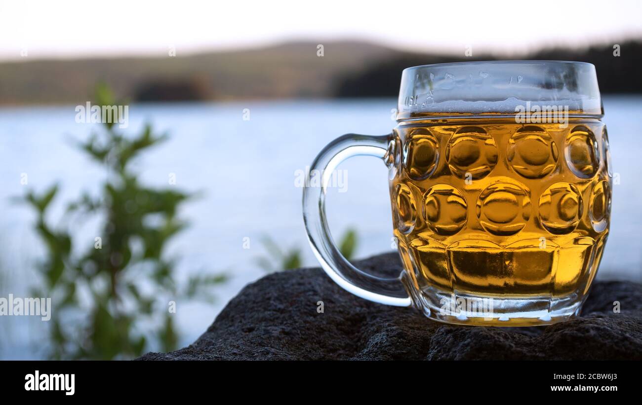 Die Mitternachtssonne scheint auf einem frisch gezapften Bier in einem großen Pint Glas. Das Foto wurde am Hochsommertag am Siljan-See in Schweden aufgenommen. Stockfoto