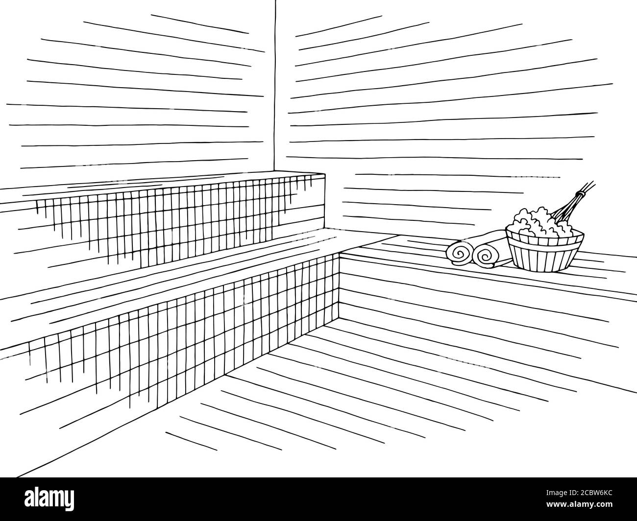 Sauna Badhaus Grafik Innenraum schwarz weiß Skizze Illustration Vektor Stock Vektor