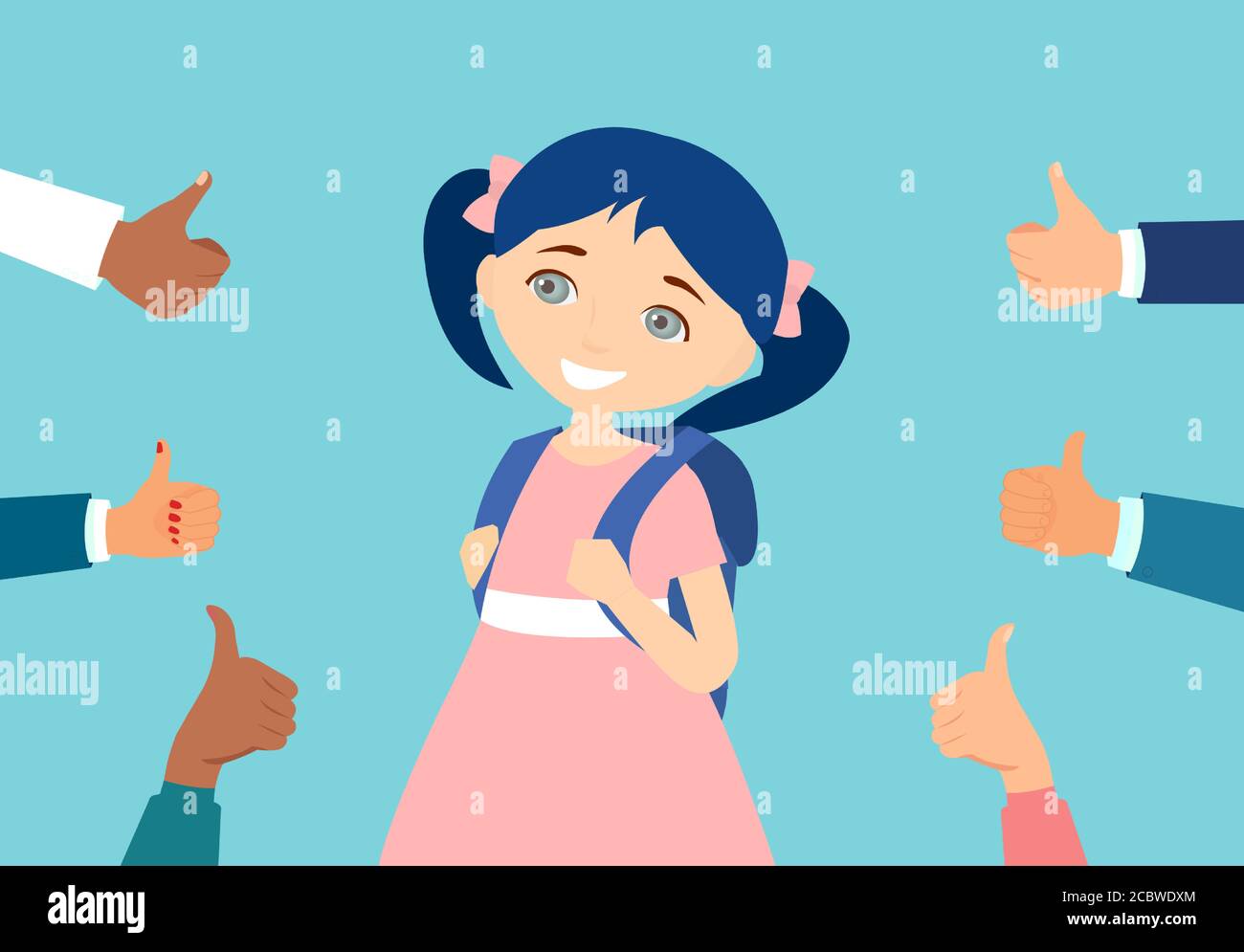 Vektor eines fröhlichen Mädchen Schüler von Händen geben umgeben Daumen hoch auf blauem Hintergrund Stock Vektor