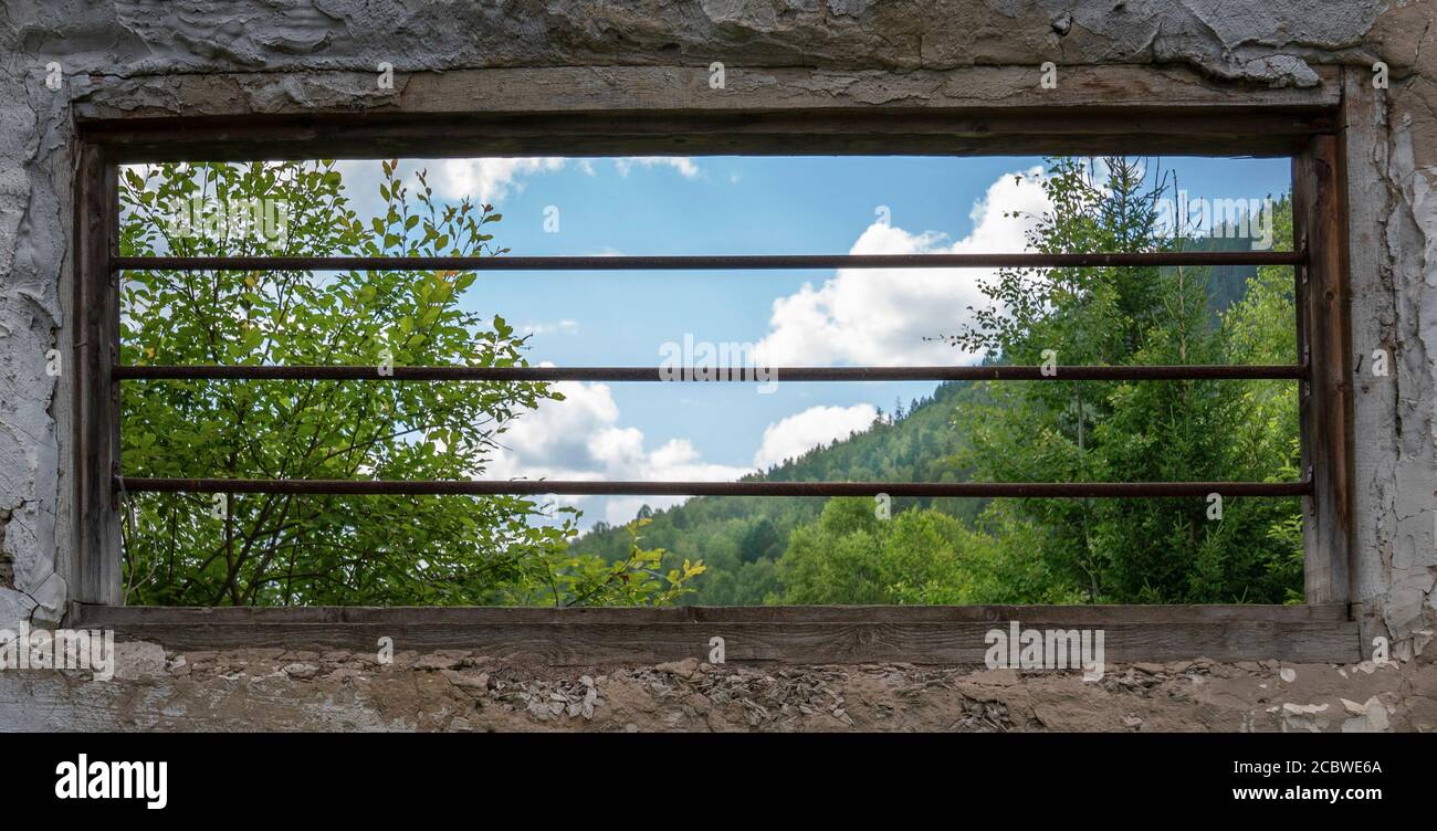 Ein altes Fenster mit rostigen Bars und einem schönen Blick auf den grünen Wald und den wolkigen Himmel. Hoffe auf das Beste. Stockfoto