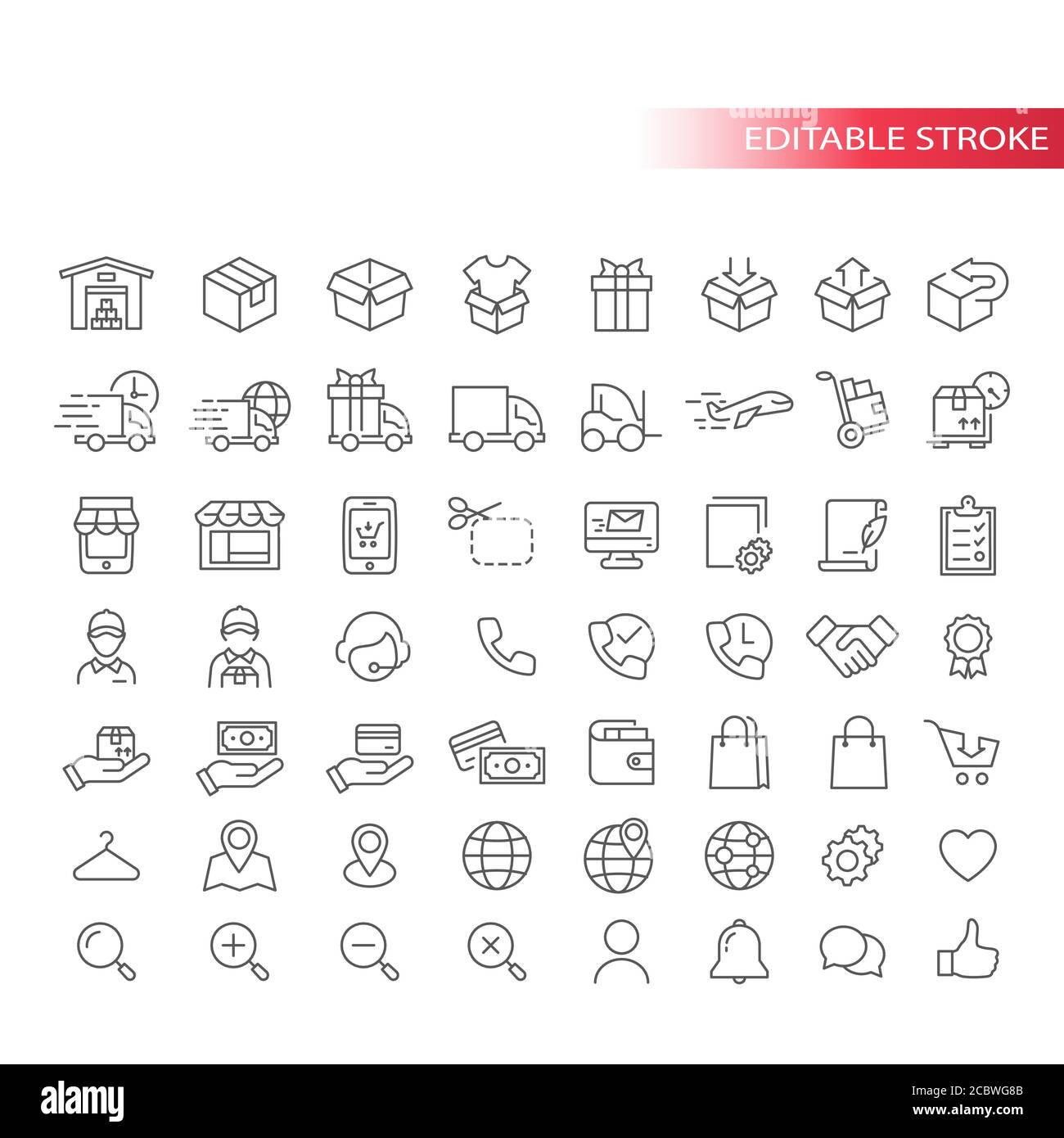 E-Commerce dünne Linie Vektor-Icon-Set. Online-Shopping, E-Commerce-Symbole. Speichern, Lieferwagen, Kurierumrisssymbole, bearbeitbarer Strich. Stock Vektor