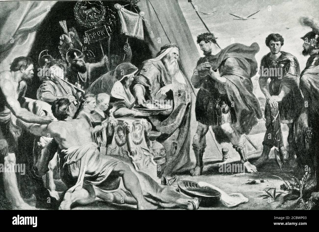 Decius Mus erhält böse Vorherrschaft. Die Bildunterschrift dieser frühen 1900er Illustration lautet: Decius Mus (Konsul 340 v. Chr.) ist noch immer einer der Helden des frühen Roms. Seine Geschichte ist so berühmt, dass der große Künstler Rubens sie in einer Serie von sechs Gemälden erzählte. Wir haben nur Platz für einen von diesen, und zeigen euch die Priester, die die Zukunft anhand von Zeichen beurteilen, die im Körper eines neu getöteten Stiers gefunden wurden. Von den Omen warnen sie Decius, dass entweder er oder seine Armee müssen zugrunde gehen. Er opferte sich selbst durch devotio. Stockfoto