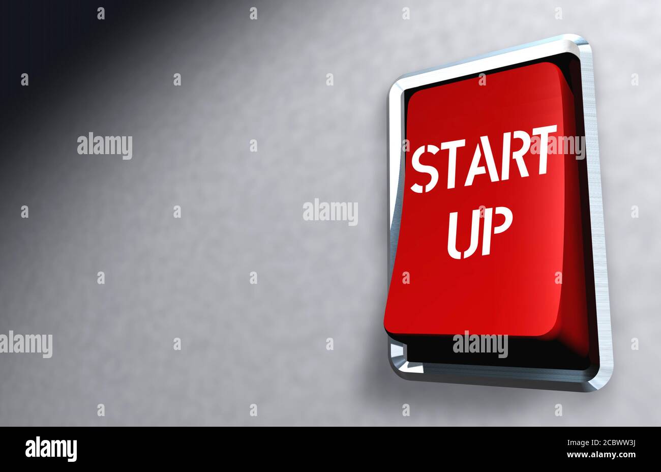 Roter Schalter mit Beschriftung „Start up“, Geschäftserfolg und Startup-Modell Stockfoto