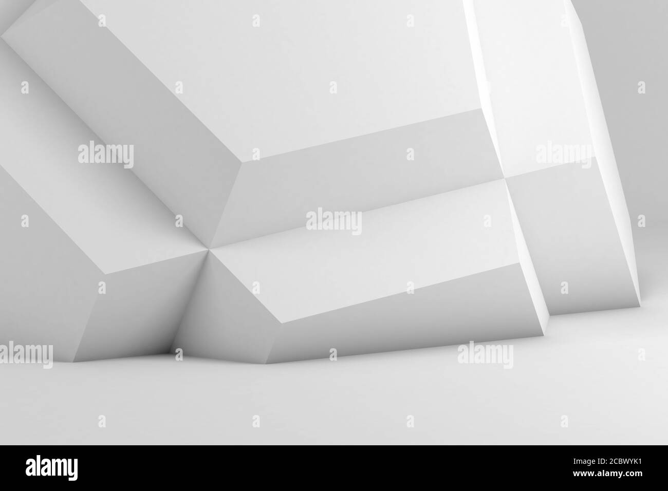 Abstrakter weißer moderner Innenhintergrund mit parametrischer geometrischer Installation, 3d-Rendering-Illustration Stockfoto