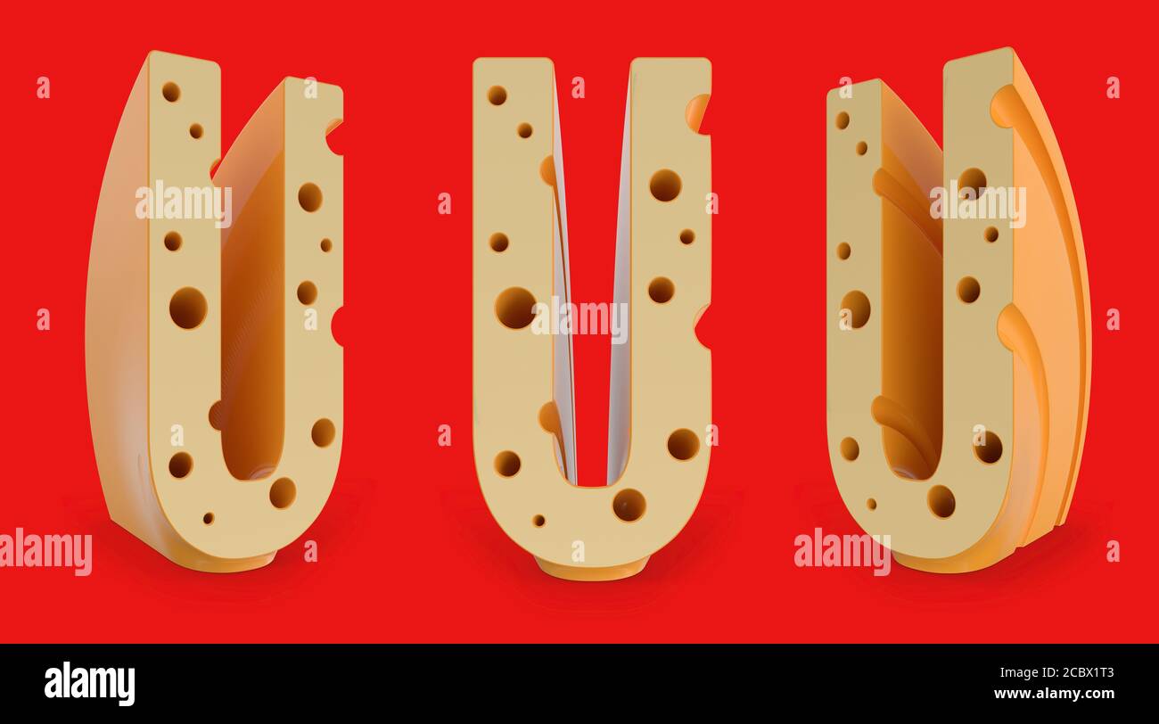 Großbuchstabe U. Großbuchstabe. Käse Alphabet und Schriftart. Satz von drei Blickpunkten auf Rot. 3D-Rendering Stockfoto