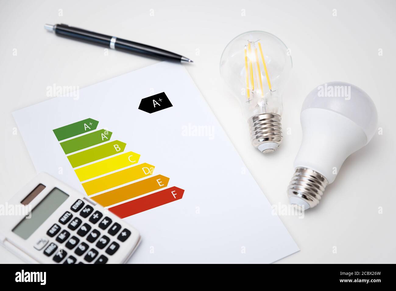 Energieeffizienztabelle mit Glühlampen. Energieeffizienzkonzept Stockfoto