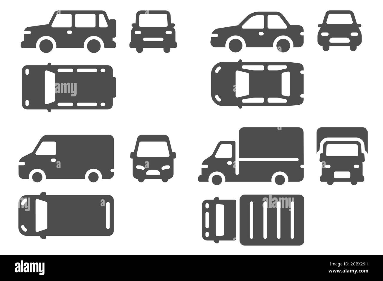 Ansicht von oben und von vorne. Fahrzeugprojektion, suv, Minibus und LKW Auto-Symbole für Web, ui-Design skizzieren Transport-Vektor-Set Stock Vektor