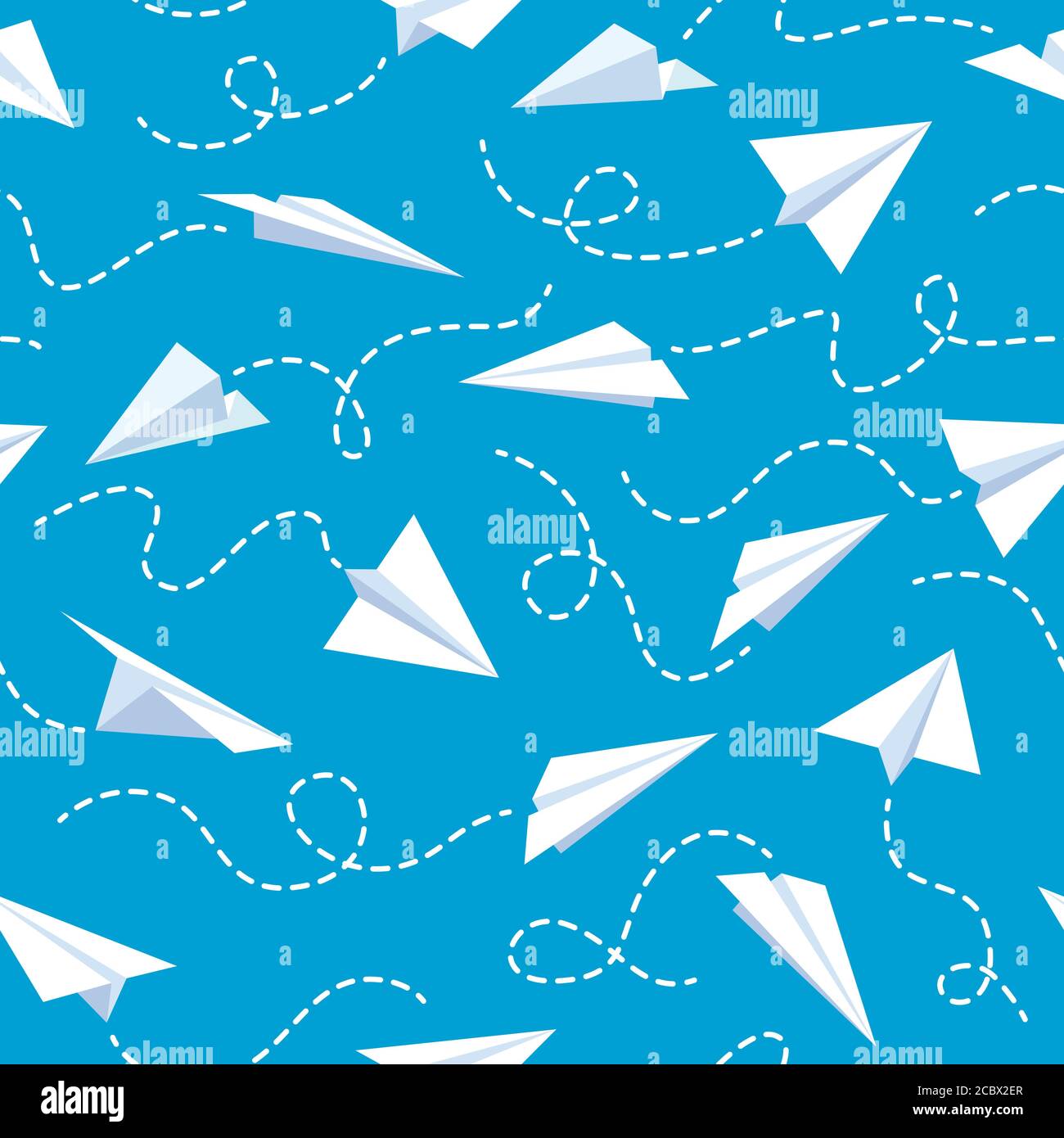 Nahtloses Muster der Papierebene. Weiße fliegende Flugzeuge in blauen Himmel verschiedene Richtung mit gepunkteten Linien Spuren Tapete Vektor-Textur Stock Vektor