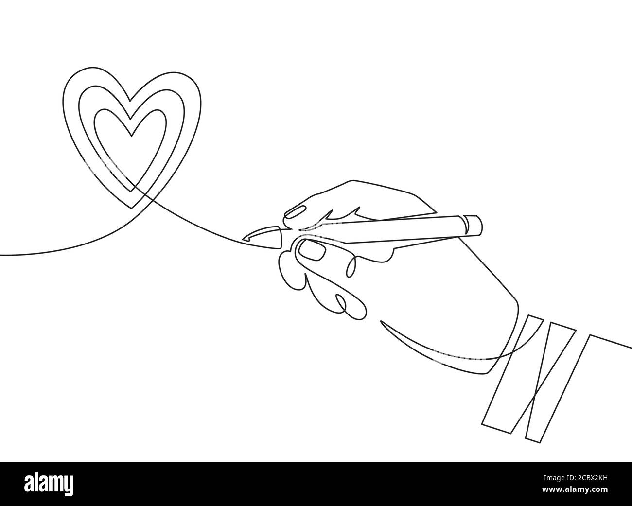 Hand Stift und Herz. Kontinuierliche eine Linie Hand Zeichnung Herz kritzelte Zeichen. Minimale Umrisse Liebe Symbol, valentine Grafik Vektor Konzept Stock Vektor