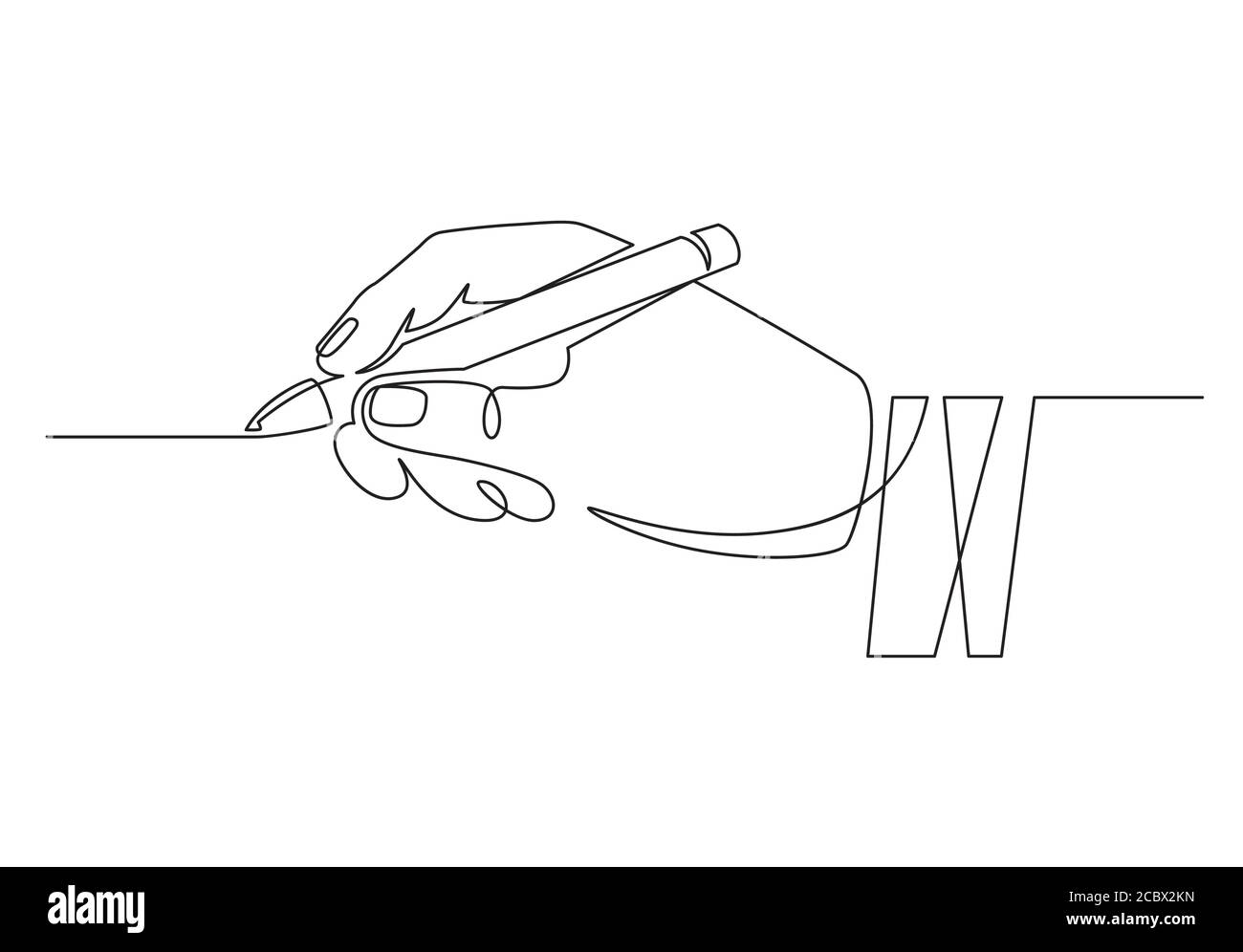 Hand mit Stift. Kontinuierliche eine Linie Geschäftsmann Hand halten Bleistift und Schreiben gerade Linie. Minimales Handschriftszeilenkonzept Stock Vektor