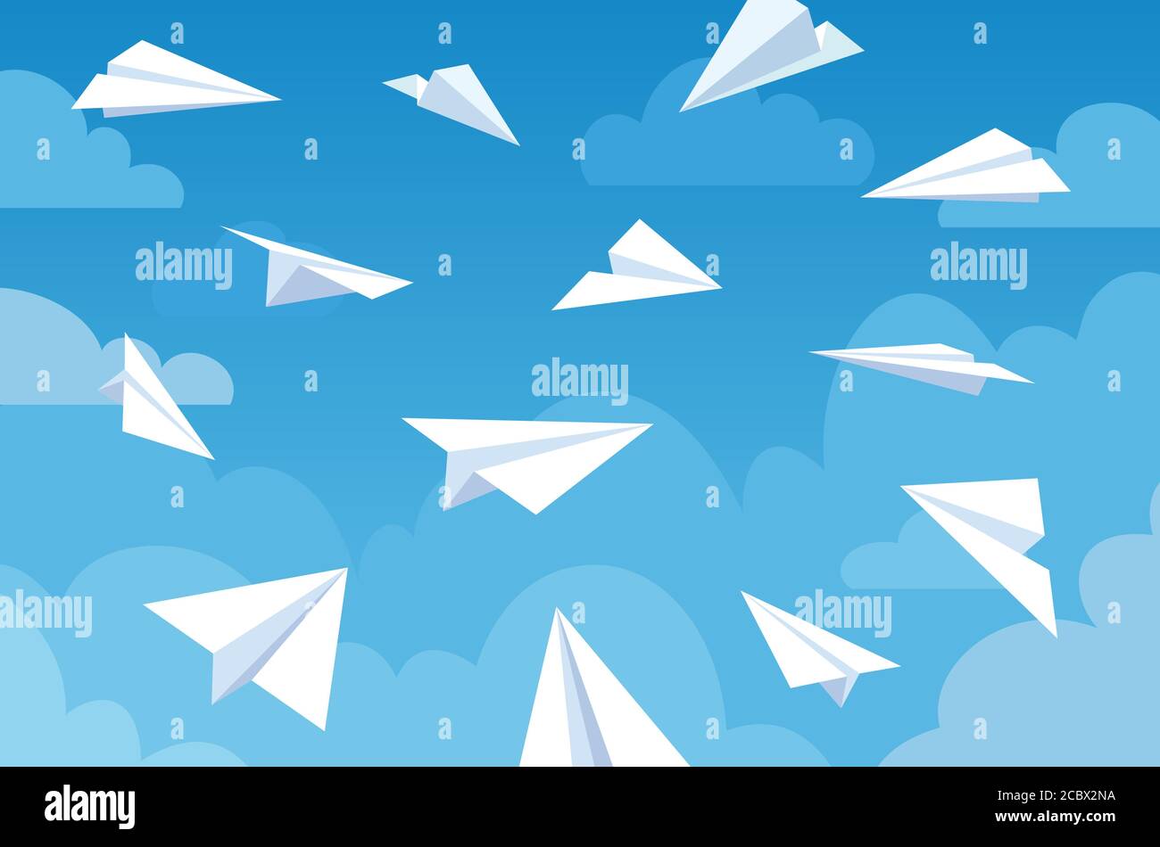 Papierflieger in blauem Himmel. Weiß fliegende Flugzeuge in Wolken aus verschiedenen Winkeln und Richtungen. Teamarbeit, Botschaft oder Reisevektorkonzept Stock Vektor
