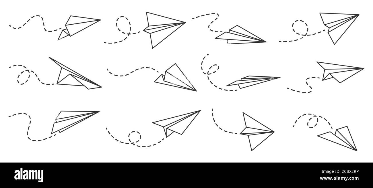 Papierflugzeug. Umreißt fliegende Ebenen aus verschiedenen Winkeln und Richtungen mit gepunkteten Bahn-, Reise- oder Nachrichtensymbolen, linearem Vektor-Set Stock Vektor
