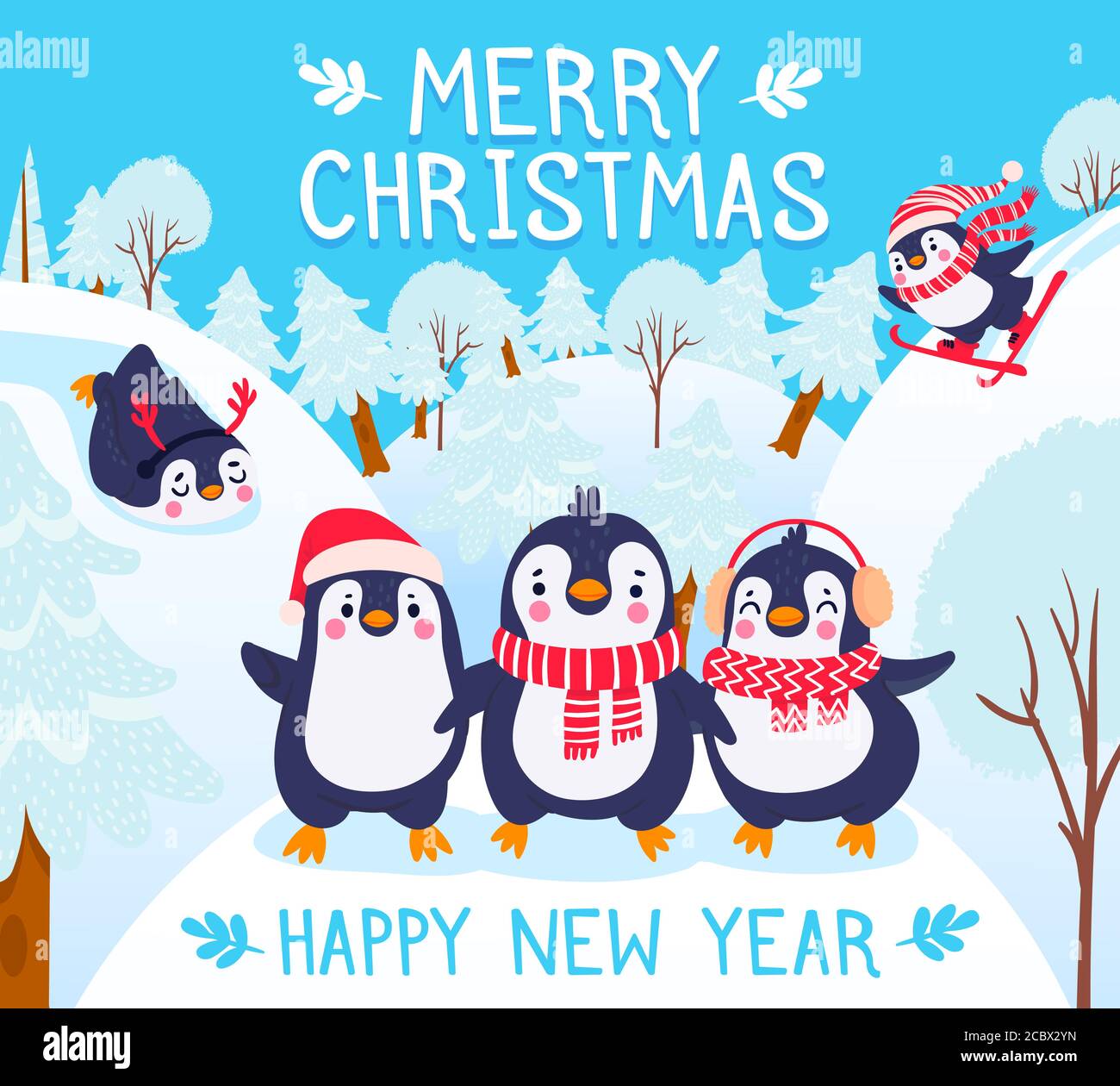 Weihnachten mit Pinguinen. Feiertage Grüße mit niedlichen glücklich Pinguine im Winterwald, Schriftzug fröhlich weihnachten Vektor Hintergrund Stock Vektor