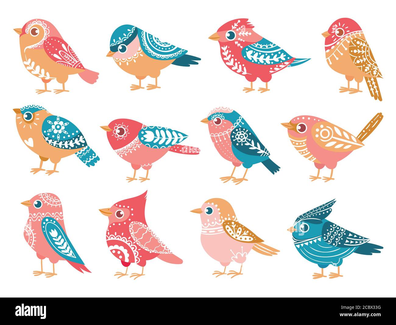 Dekorative Vögel. Handgezeichneter Vogel mit Folk-Ornamenten im skandinavischen Stil trendige ethnische Muster Urlaub Dekoration, Vektor-Set Stock Vektor
