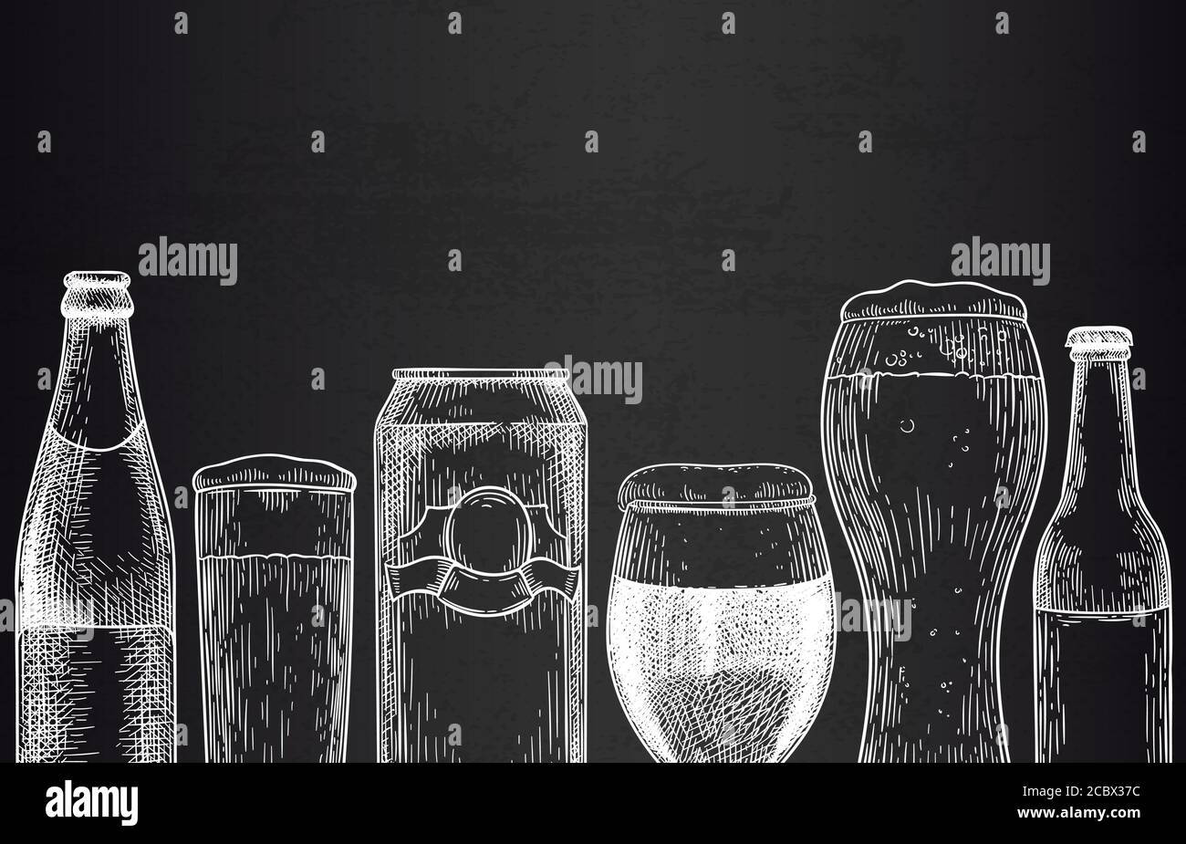 Bierhintergrund. Skizze Biergläser, Tassen und Dosen, Flaschen mit Bier. Hopfen Getränk Design für Förderung Poster Gravur Vektor-Vorlage Stock Vektor