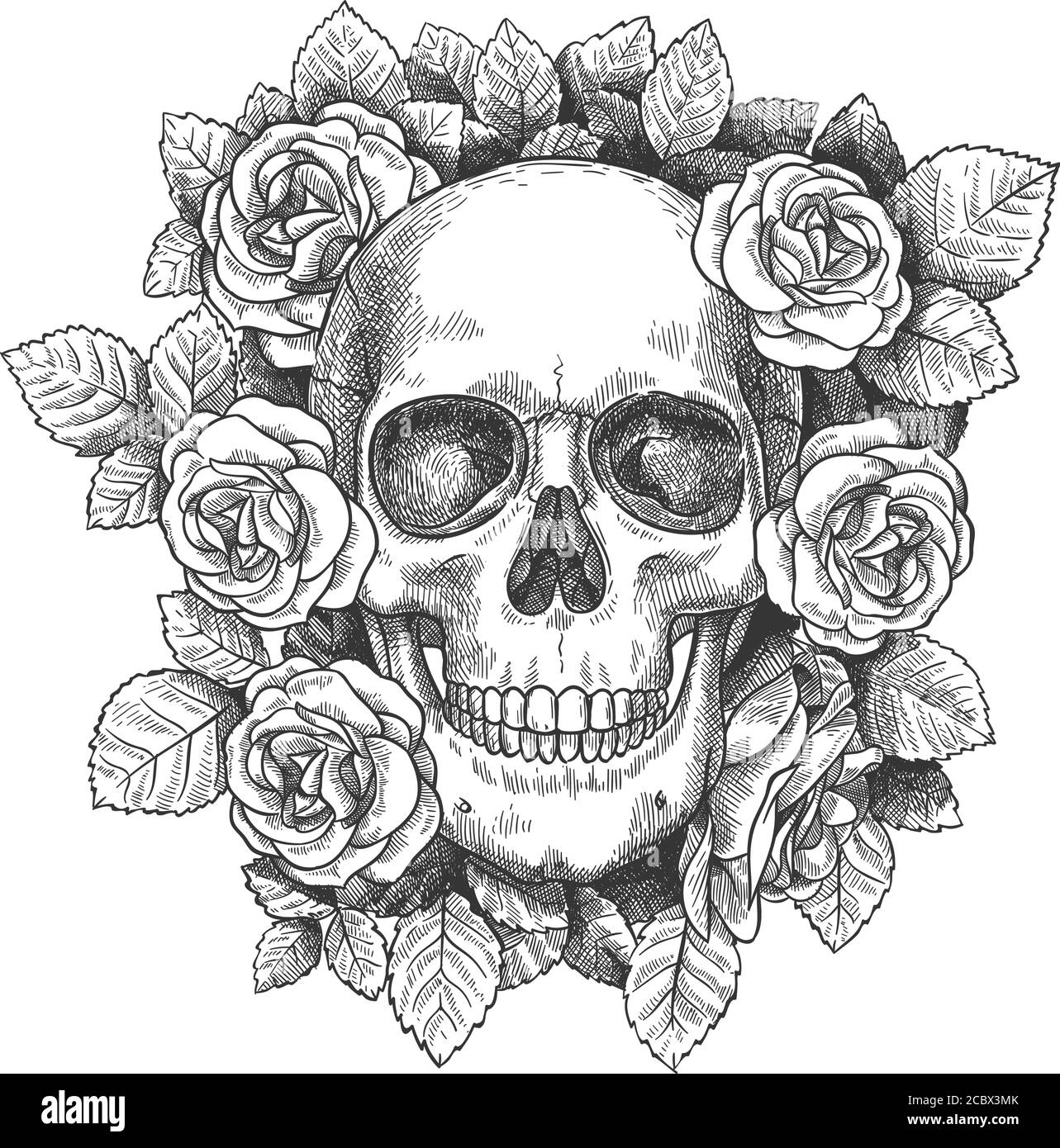 Totenkopf mit Blumen. Sketch menschlichen Schädel mit Rosen, traditionelle Gothic schwarz Tattoo. Gezeichnet Monster halloween Gravur Vektor Kunstwerk Stock Vektor