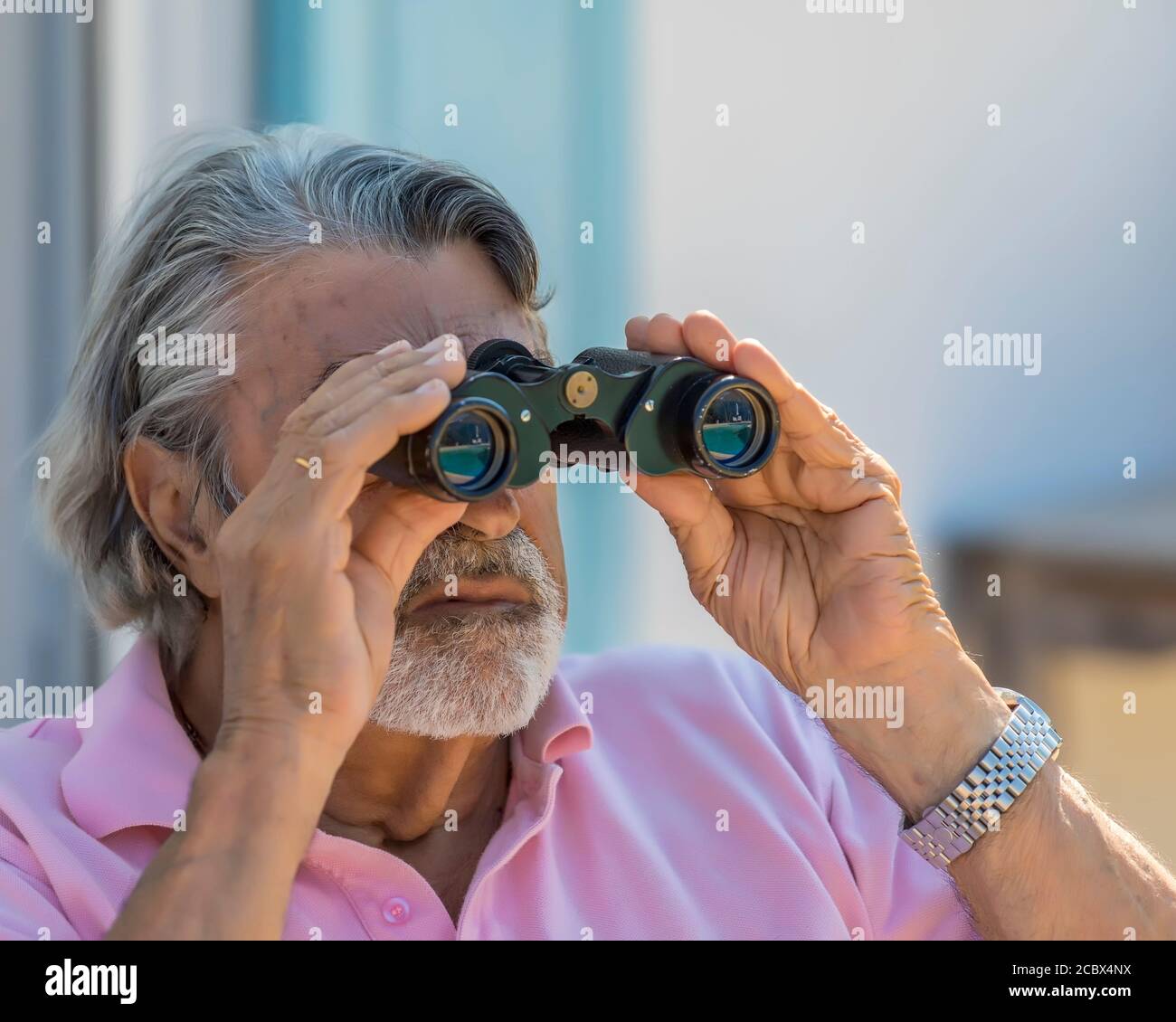 Blick In Die Zukunft . Isoliert. Älterer Herr mit Spitzbart-Vogelbeobachtung. Stockbild. Stockfoto