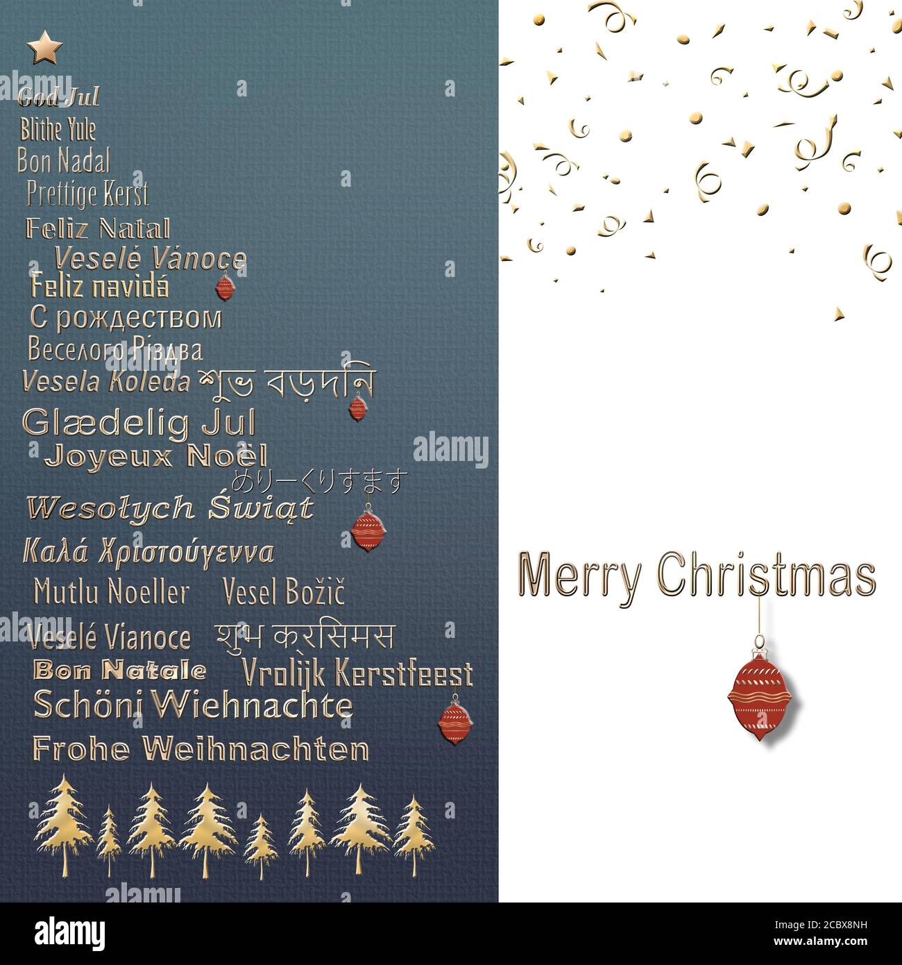 TEXT Frohe Weihnachten in verschiedenen europäischen, osteuropäischen, Hindi, Bengali, Indisch, Japanisch Sprachen bilden Weihnachtsbaum mit roten Kugeln, Gold Konfetti auf weißem blauen Hintergrund. 3D-Illustration Stockfoto