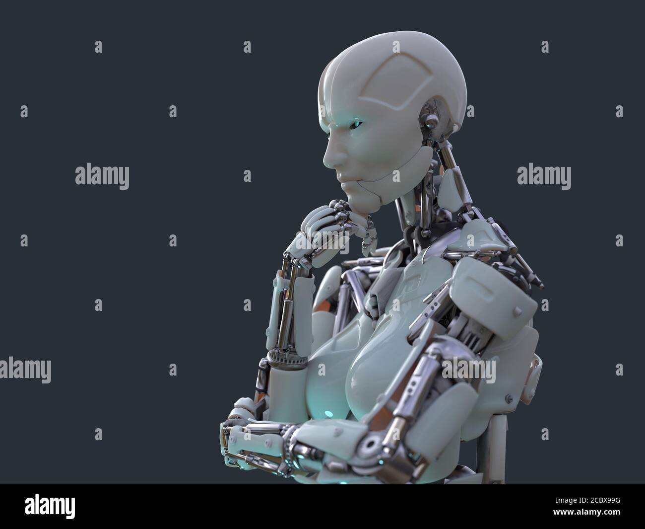 Denkender Roboter auf dunklem Hintergrund Stockfoto