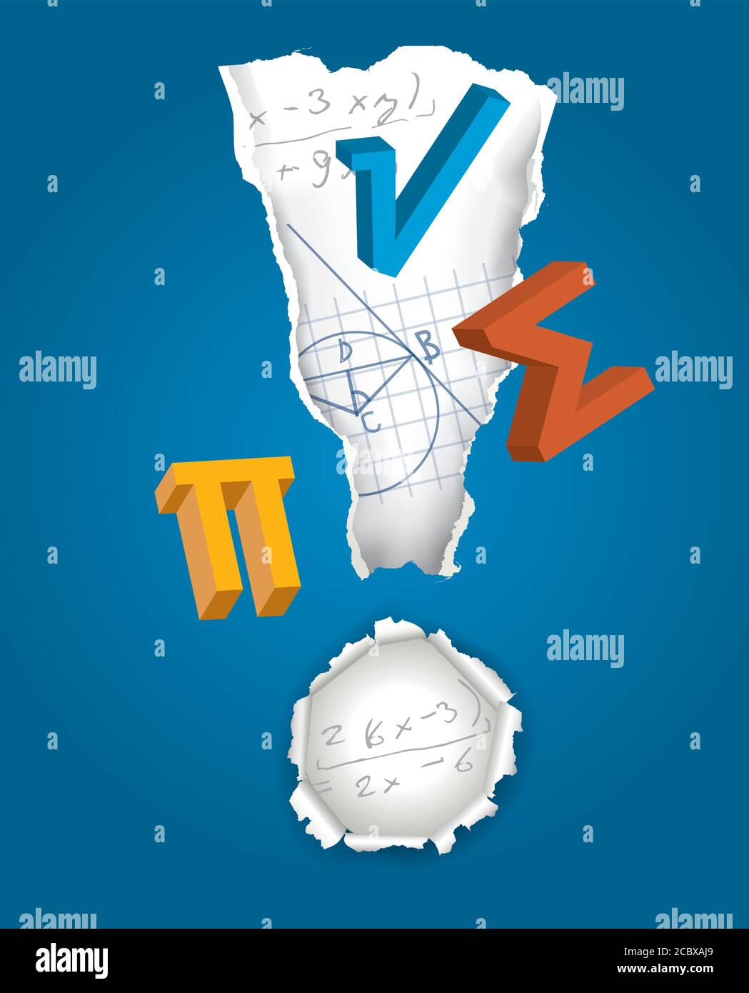 Ausrufezeichen mit mathematischen Symbolen. MathematikSymbole im Ausrufezeichen auf dem blauen