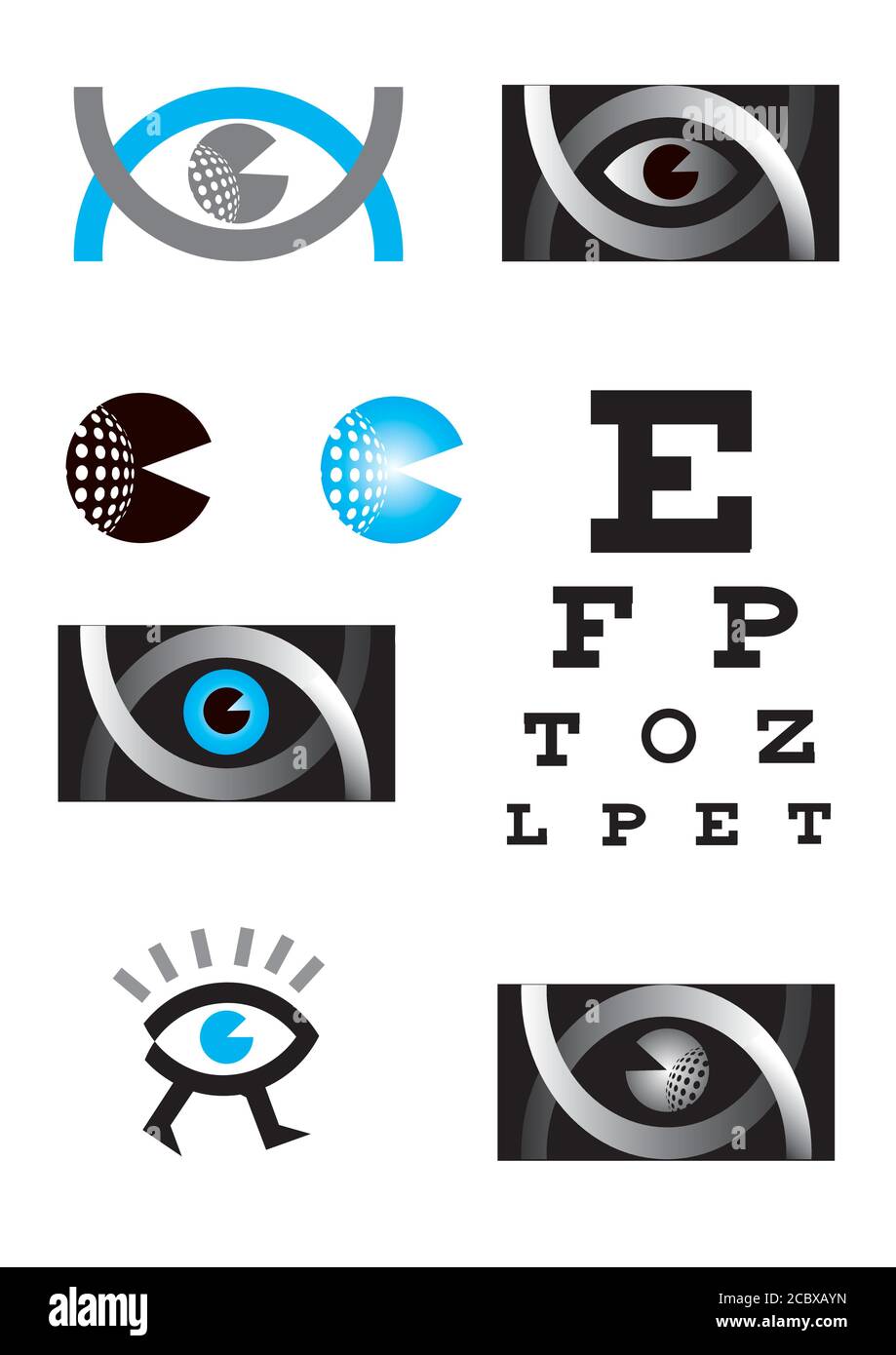 Optiker, Auge, Symbolsatz. Symbole Set mit Optiker, Augentest, Augenpflege, Augendiagnostik.Vektor verfügbar. Stock Vektor